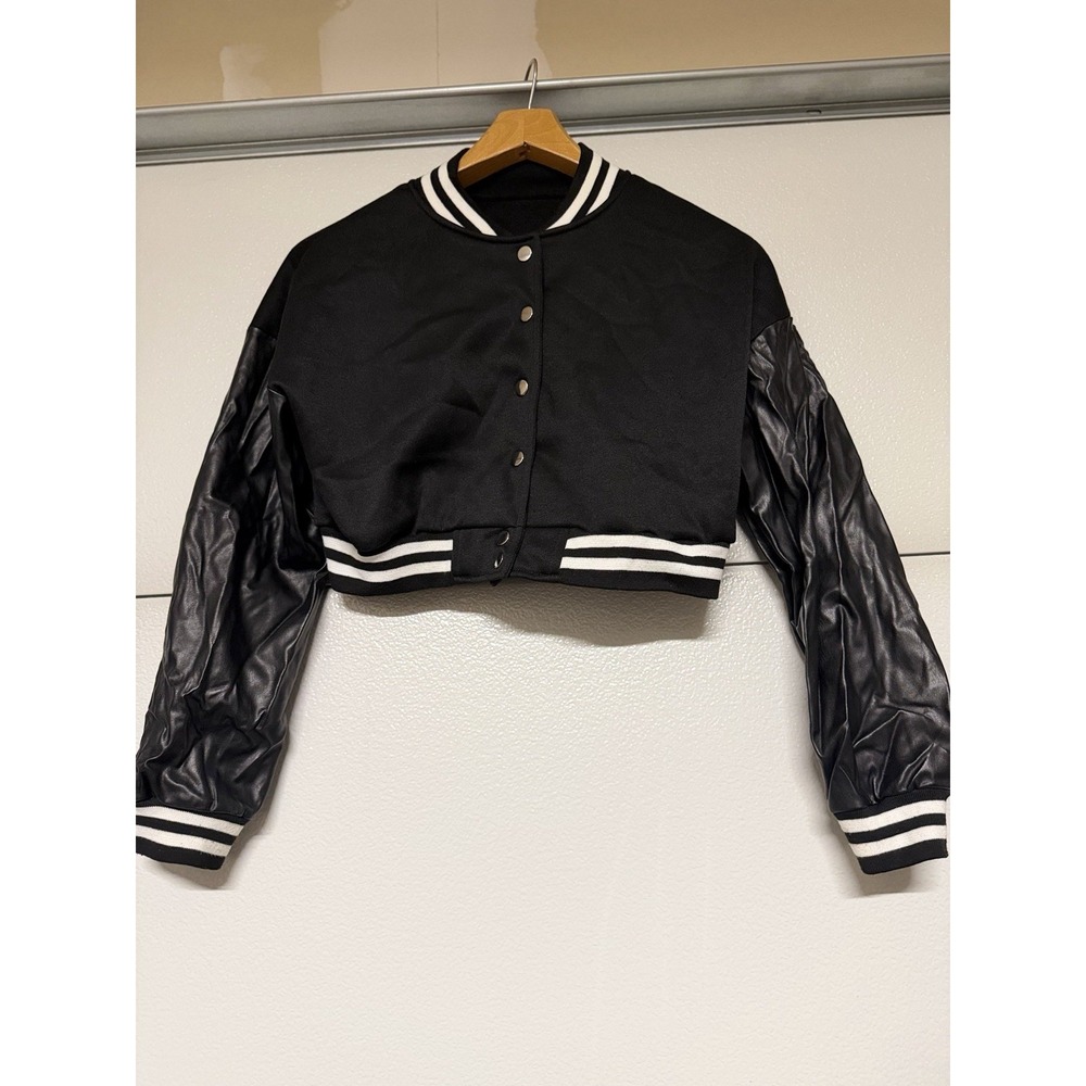 Women's Cropped Varsity Jacket Black Faux Leather Sleeves Snap‎ Button